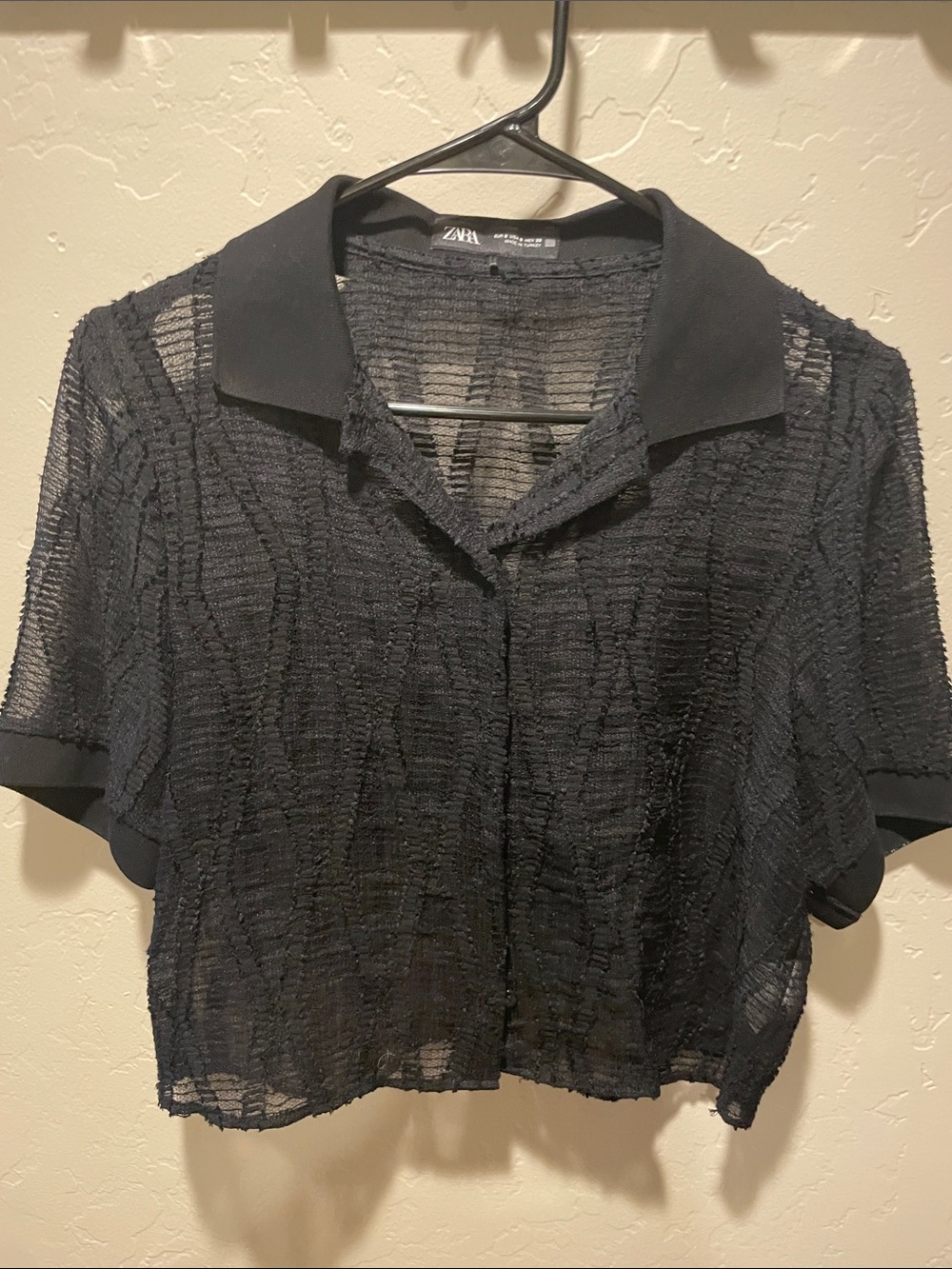 Zara Black Sheer Textured Button up Crop Blouse